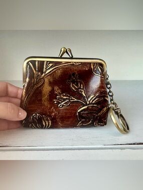 Patricia Nash Floral Embossed Metallic Leather Coin Purse Kisslock Brown